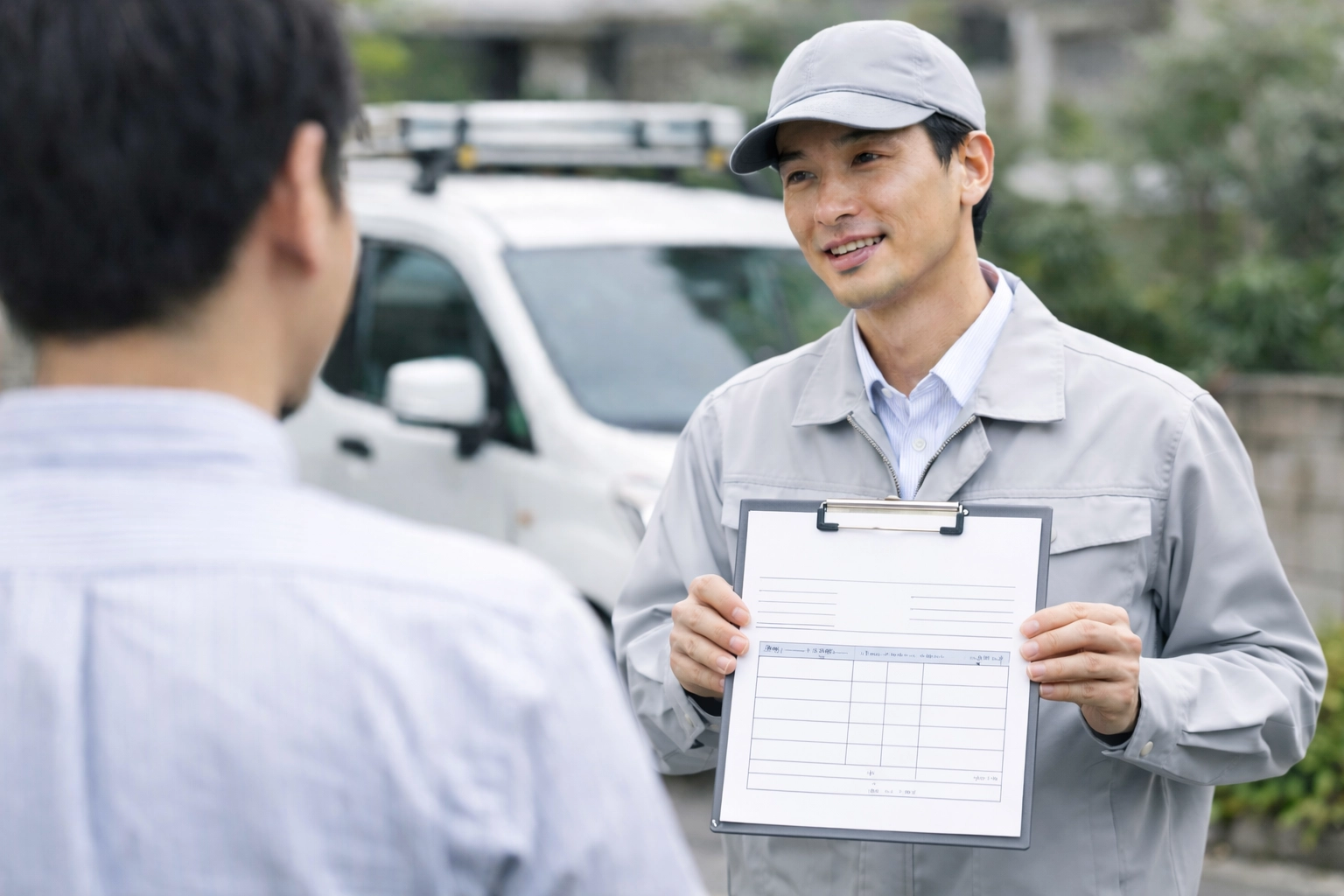 見積もりを提示する作業員